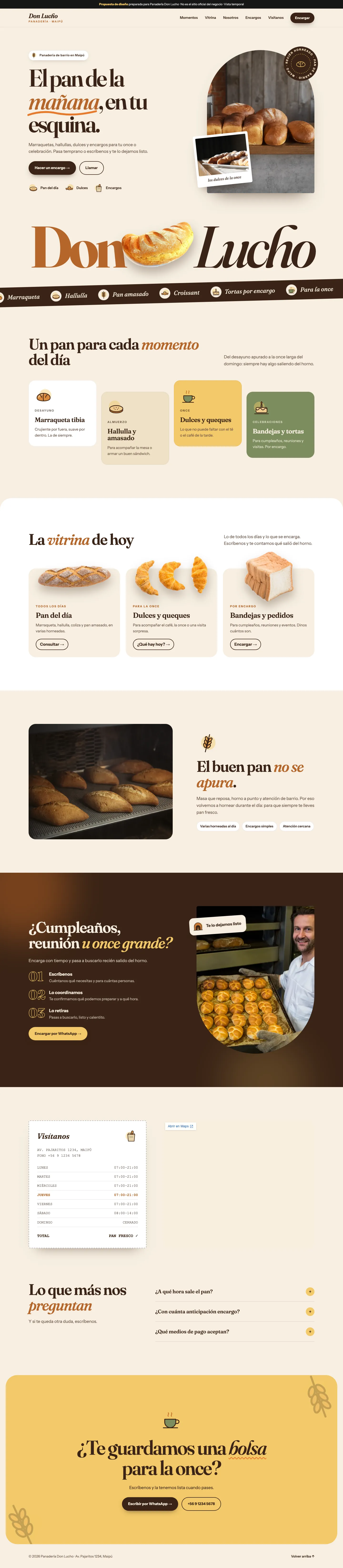 Ejemplo de página para la Panadería Don Lucho vista en escritorio: portada con foto en arco, vitrina de productos, horario y mapa.